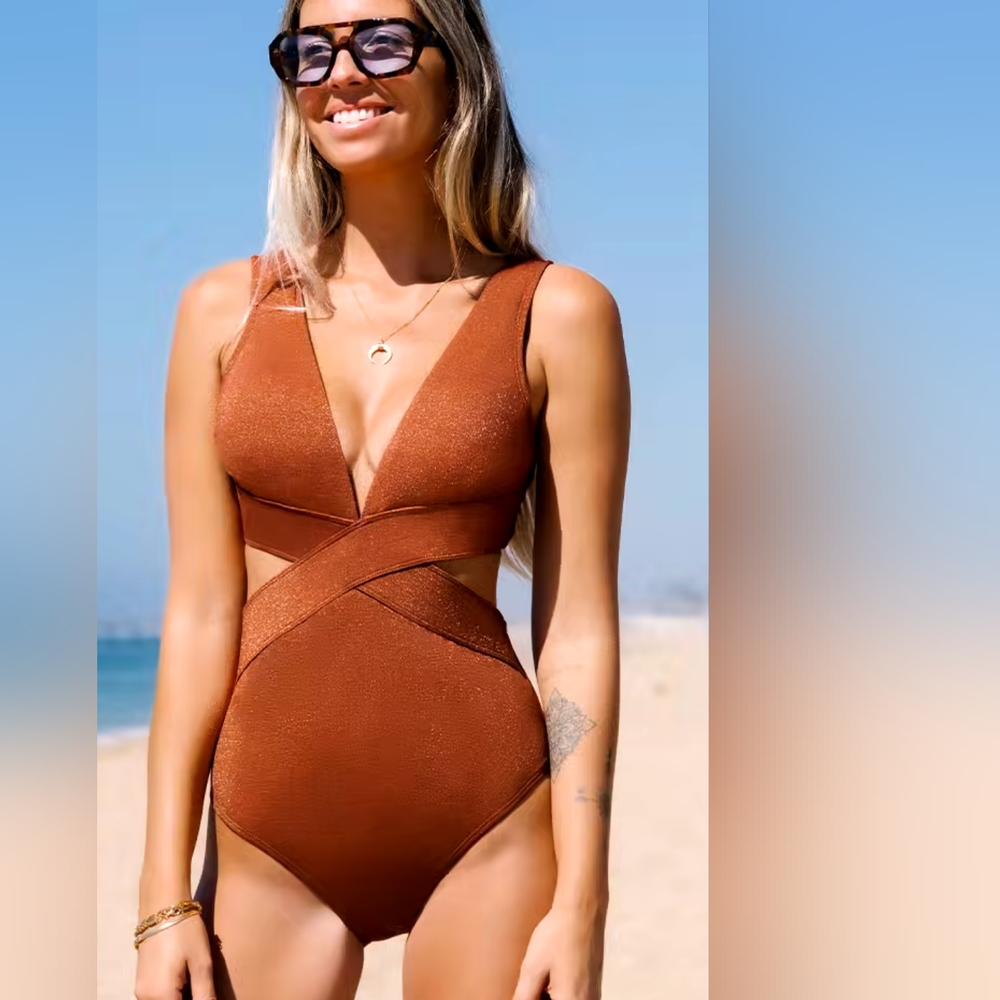 Cupshe Metallic Plunge Orange Peekaboo Deep V Swimsuit